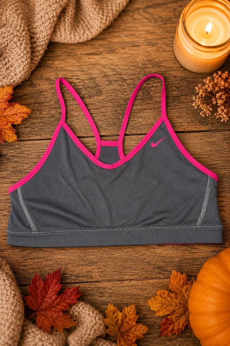 Nike Women’s Gray Pink Dri-FIT Strappy Sports Bra Mesh Athletic Workout Gym medi